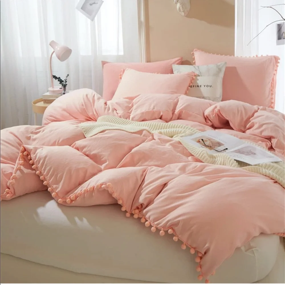 - - New Pink Pom Pom Fringe Duvet Cover Set